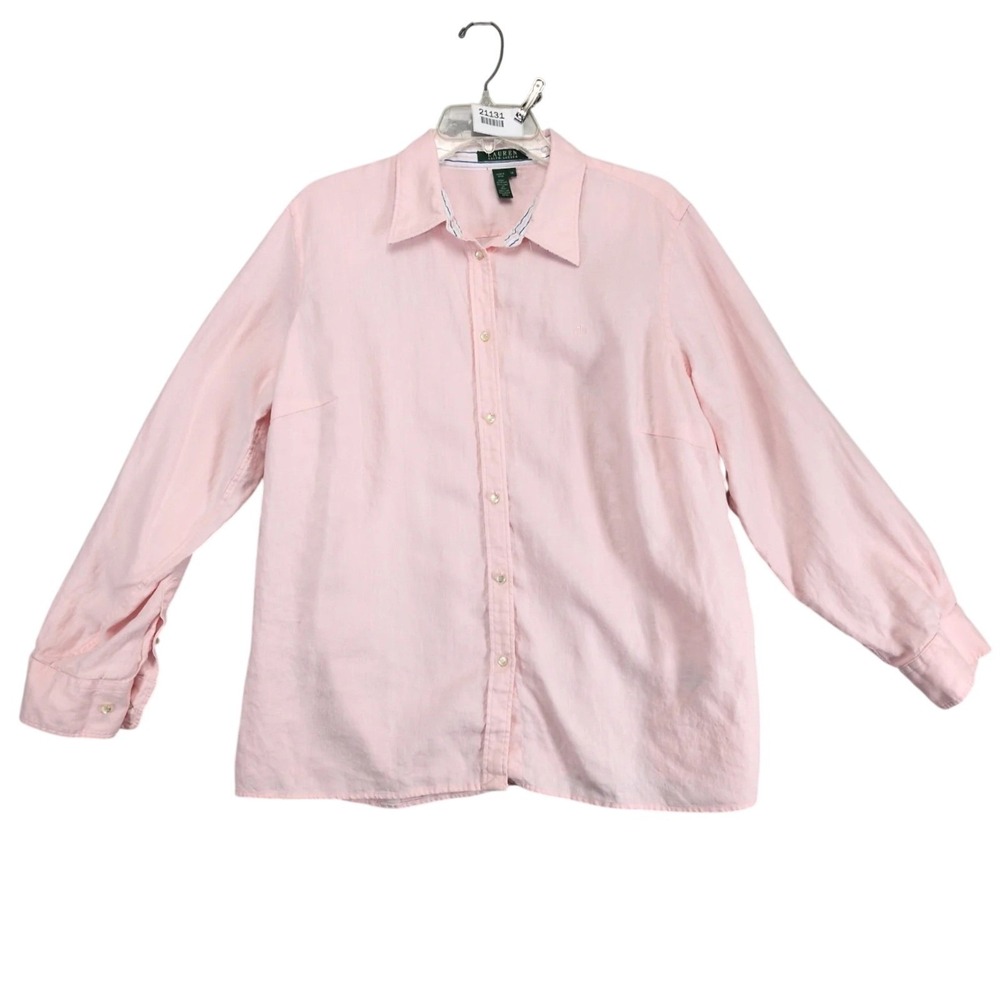LRL Ralph Lauren Pink 100% Linen Button Up Shirt Women's Plus Size 1X Coastal